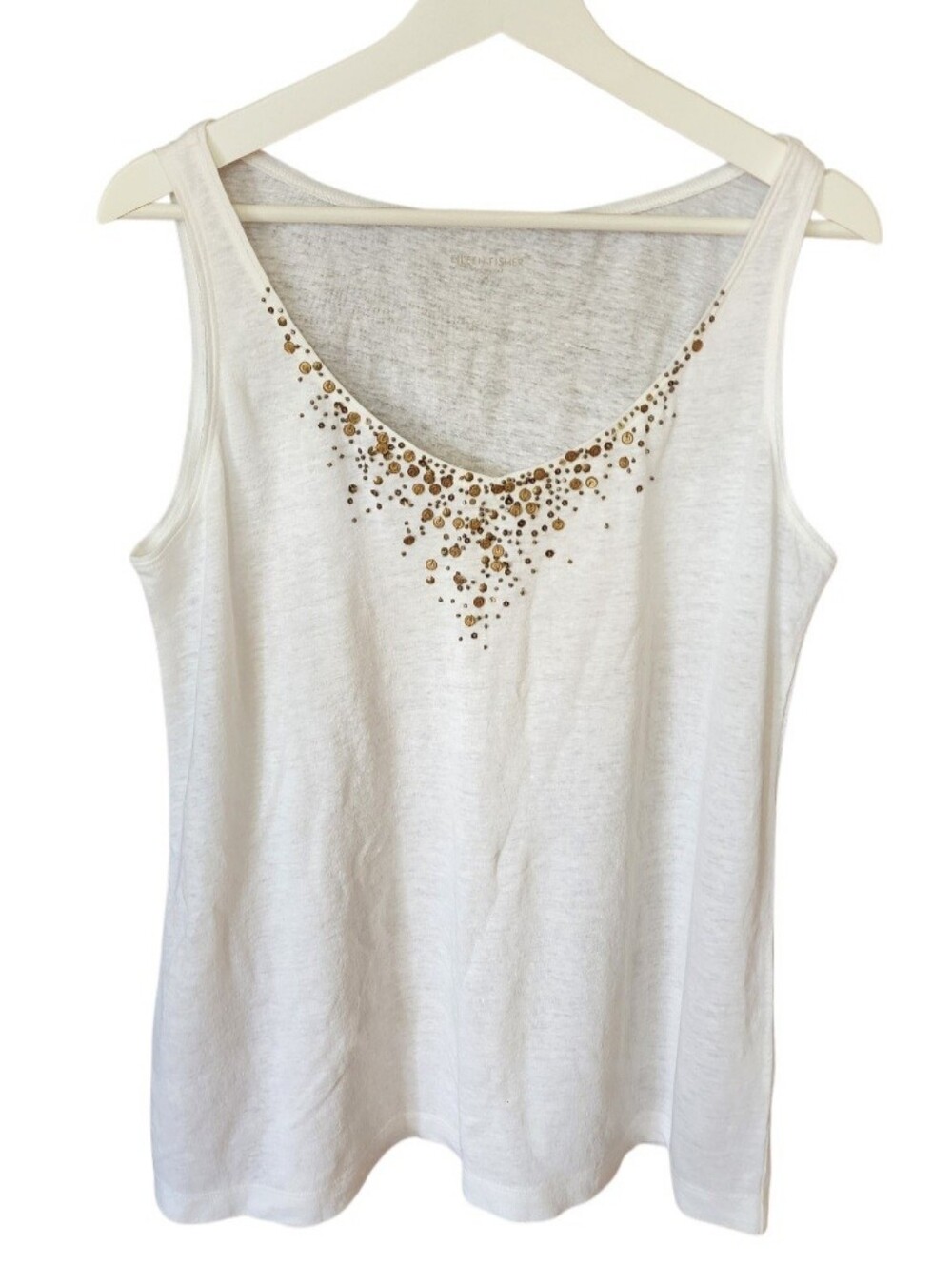 Eileen Fisher White 100% Linen Tank Top with Gold Stud Detail Sz MD Lightweight
